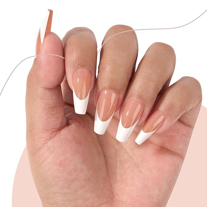 Canvalite French Tip Press on Nails Gel Nail Tips - 300Pcs Pre-Colored Quick and Easy Fake Nails with Designs Coffin Nails Tips Press on Nails Long DIY Nail Extensions, Nude White