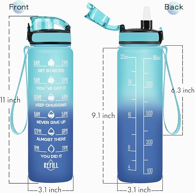 Enerbone Water Bottle, Leakproof BPA & Toxic Free, Motivational Water Bottle with Times to Drink and Straw, Fitness Sports Water Bottle with Strap for Office, Gym, Outdoor Sports