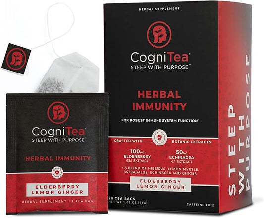 Herbal Immunity Tea - Immune System Booster - 100mg High- Potency Elderberry, 50mg Echinacea, Lemon, & Ginger Organic Herbal Tea Bags - Caffeine Free Immunity Boost