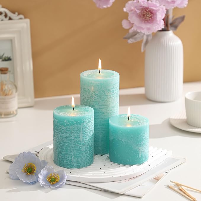 3x3 Inch Turquoise Pillar Candles Set of 3 - Unscented Candles, Long Clean Burning, Large Big Candles, Smokeless Dripless Pillar Candles for Dinner Table, Wedding, Home, Bathroom, Rustic Decor