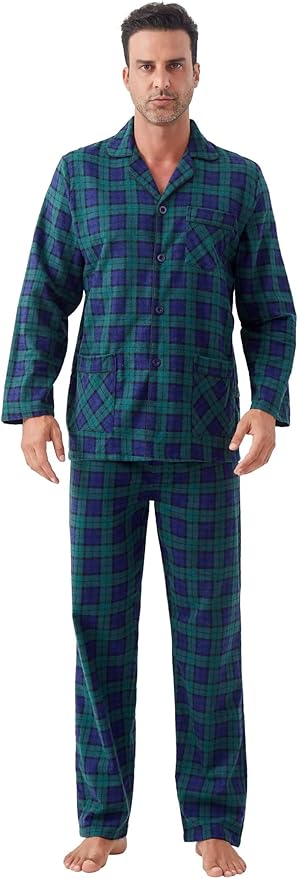 GLOBAL Men's Pajamas Sets 100% Cotton Flannel Sleepwear Long-Sleeve top & Bottom