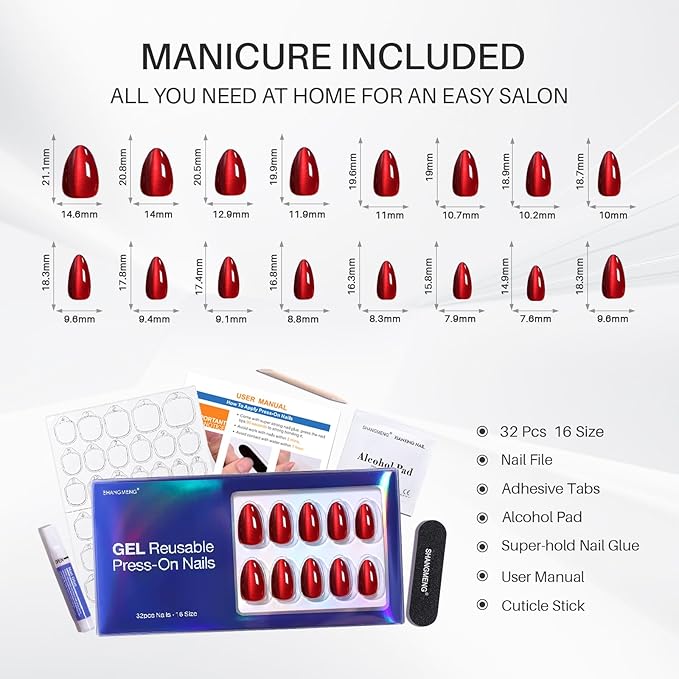Dark Red Cat Eye Press on Nails Almond - Soft Gel Short Press on Nails for Women Gift, Glossy Glue on Nails in 16 Sizes - 32 Reusable Fake Nails with Glue, Wine