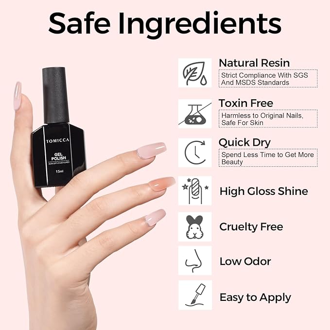 TOMICCA Gel Nail Polish, Jelly Milky Pink Gel Polish, Light Pink Nail Polish Quick Dry, UV Clear Pink Gel Polish Colors Long Lasting Nail Art Manicure Home DIY