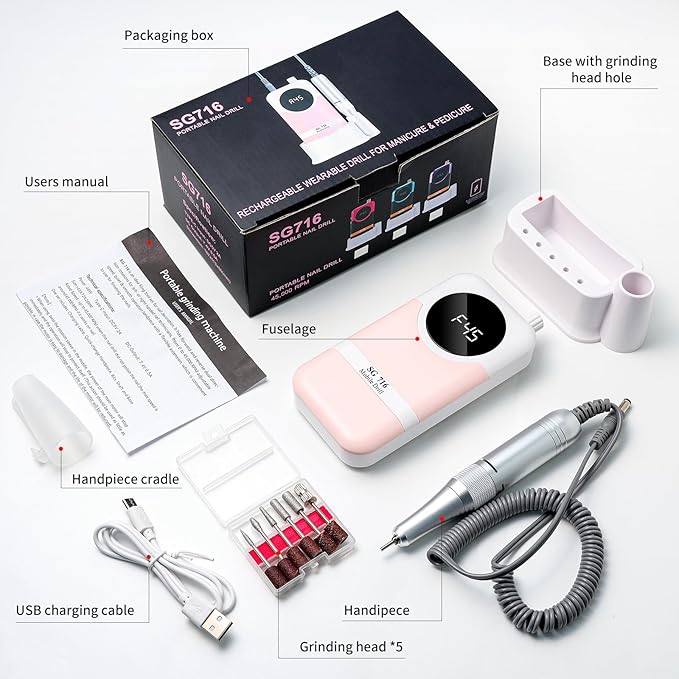 LIMEGIRL Professional Electric Nail Drill Kit 45000RPM Portable Cordless Toenail Cordless Toenail Machine with 14 Drill Bits and Base for Women (Pink)