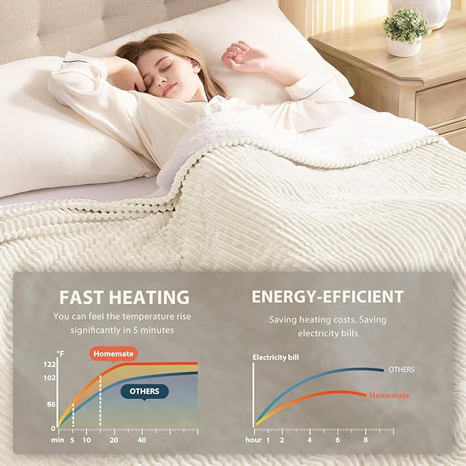 Homemate Electric Heated Blanket Queen Size - 84"x90" Heating Blanket Queen Size Dual Control 1/2/4/6/8 Hours Auto-Off 10 Heat Level Over-Heat Protection Soft Flannel Sherpa ETL Certification