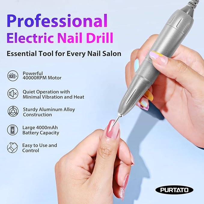Professional Nail Drill 40,000 RPM, Rechargeable,LCD Display E File Machine for Acrylic Nails Gel Polishing Removing Portable Nails Efile Tools for Manicure Salon & Home (Silver)