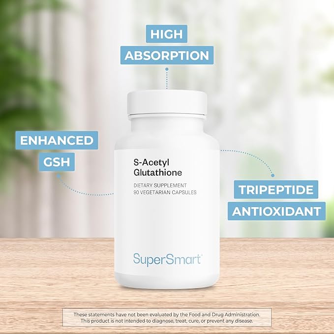 Supersmart S-Acetyl Glutathione 300mg per Day (High Absorption) - Stable Form of L-Glutathione Tripeptide - GSH Supplement | Non-GMO & Gluten Free - 90 Vegetarian Capsules
