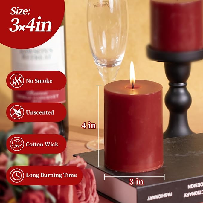 KONNI Dark Red Pillar Candles Set of 3, 3"x 4" Unscented Pillar Candles Bulk, 39 Hours Long Burning Candles, Smokeless&Dripless Large Round Candle for Wedding, Home Decoration, Parties, Spas, Dinner