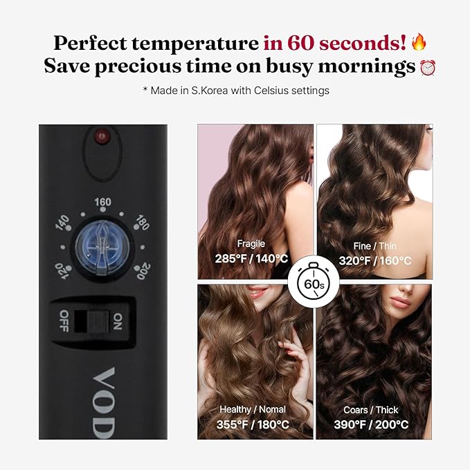 VODANA Professional GlamWave Ceramic Curling Iron, Long-Lasting Natural Curls, Instant Heat, Hair Curler, Curling Wand, Available in USA (1.4 inch, Black)