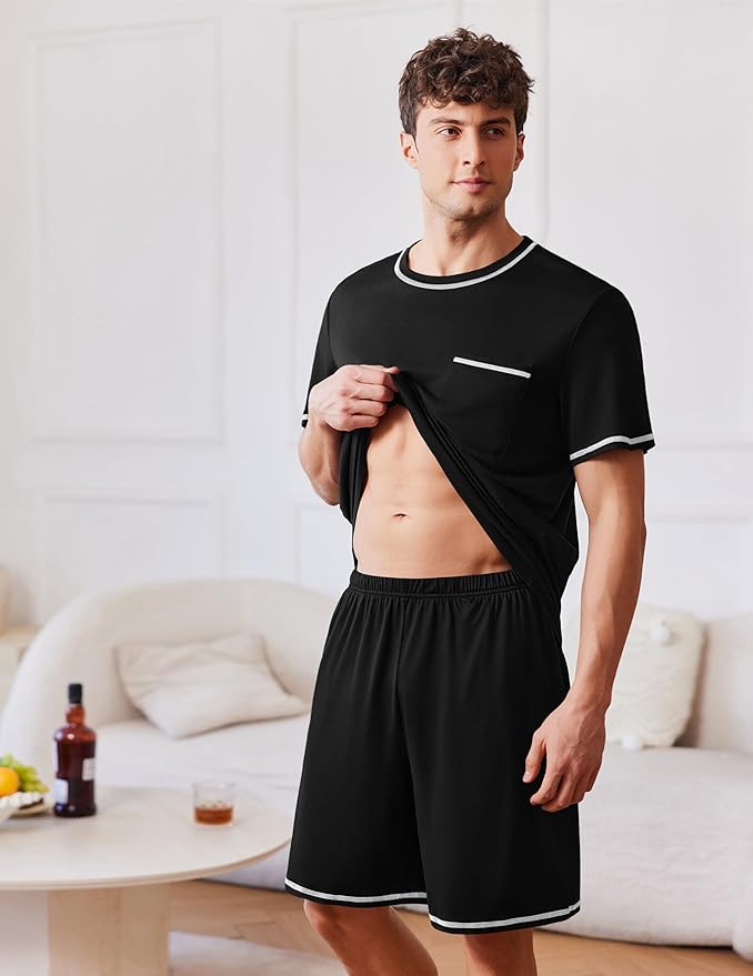 Ekouaer Men's Pajamas Set Casual Short Sleeve Shirts and Shorts Soft 2 Piece Loungewear With Pockets