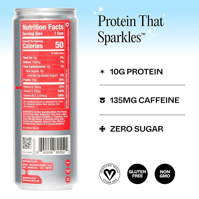 VUUM Sparkling Clear Protein - 10G Plant Protein, Natural Caffeine + Theanine, Sugar Free (Variety Pack)