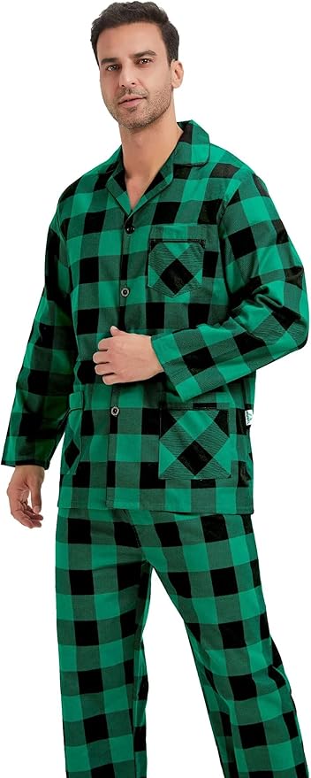 GLOBAL Men's Pajamas Sets 100% Cotton Flannel Sleepwear Long-Sleeve top & Bottom