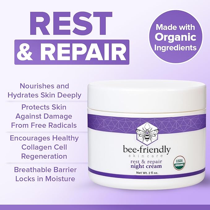 BeeFriendly Organic Night Cream, USDA Certified Organic, Deep Hydrating & Moisturizing Night Time Eye, Face, Neck & Decollete Cream for Women and Men, Anti Aging, Anti Wrinkle 6 oz (3 Jars in box)