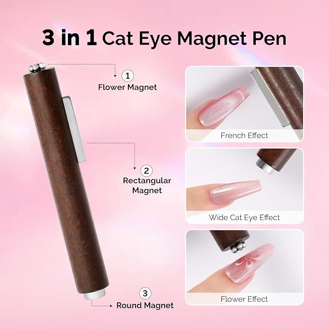 MelodySusie Cat Eye Gel Nail Polish Magnets, 3 in 1 Wooden Handle and Y-Shaped Double Head Nail Magnet Wand Set 2PCS, Suitable for Manicure Nail Design Salon DIY at Home