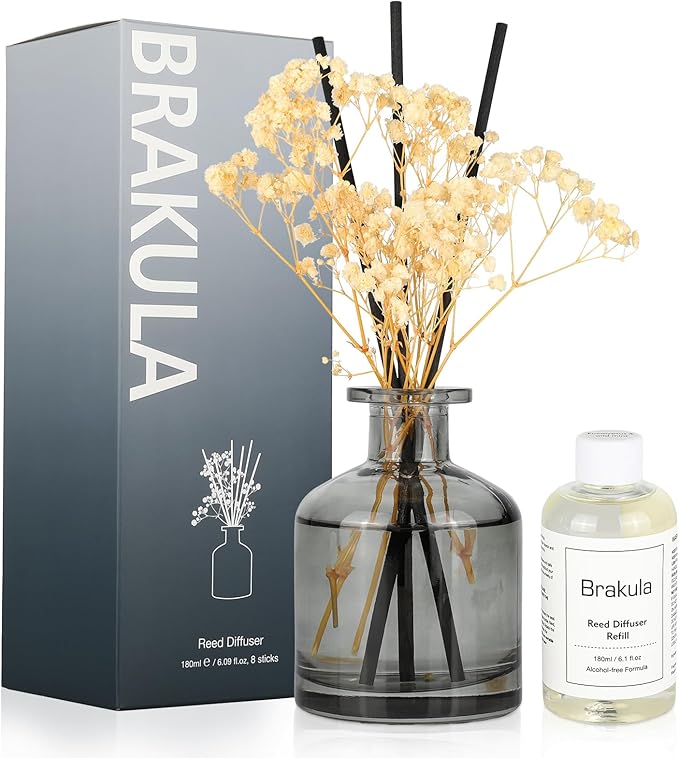 Brakula Reed Diffuser Set, 6.09 fl oz (180 ml)- White Jasmine with 8 Reed Sticks, Home Fragrance Reed Diffuser for Bathroom Shelf Decor