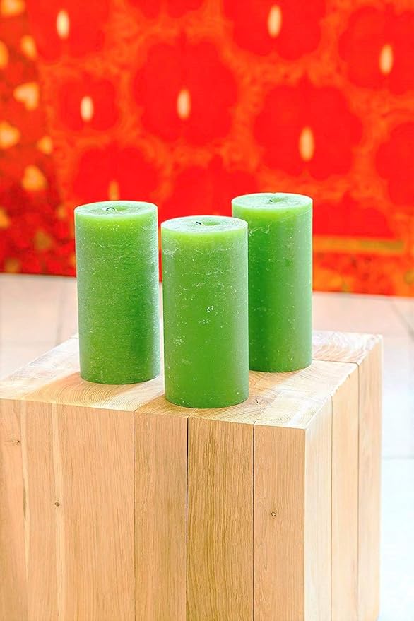 Set of 3 Pillar Candles 3" x 6" Unscented Handpoured Weddings, Home Decoration, Restaurants, Spa, Church Smokeless Cotton Wick - Green