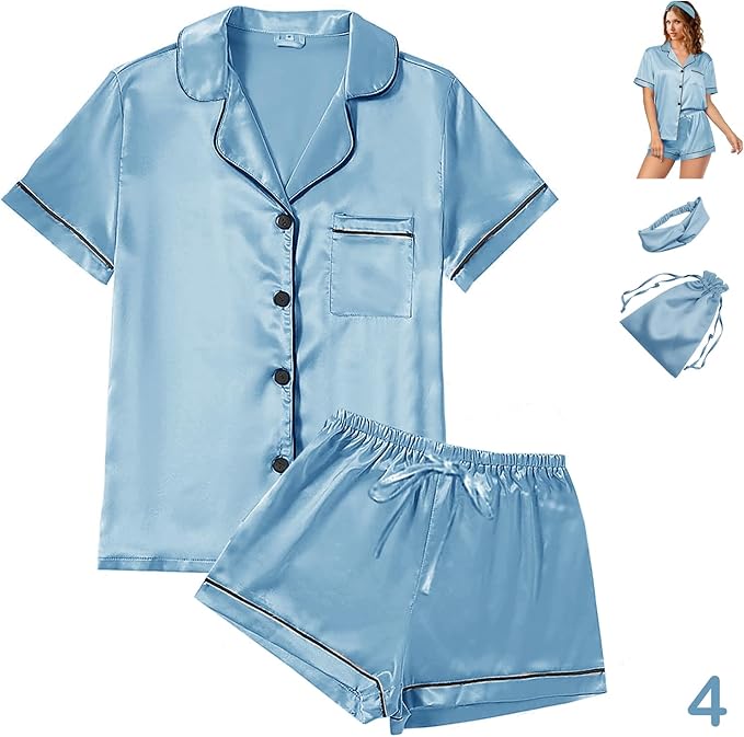 4Pcs Womens Satin Silky Pajama Sets Short Sleeve Shirt XS-4XL Floral Pajamas Set Soft PJ Loungewear Sleepwear