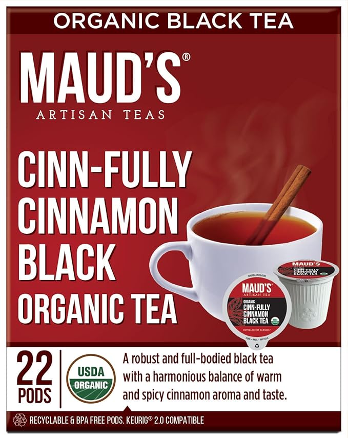 Maud's Organic Cinnamon Black Tea Pods, 22 ct, Recyclable Single Serve Tea Pods – 100% Gourmet Blended Tea Leaves, Compatible with Keurig K Cups Maker
