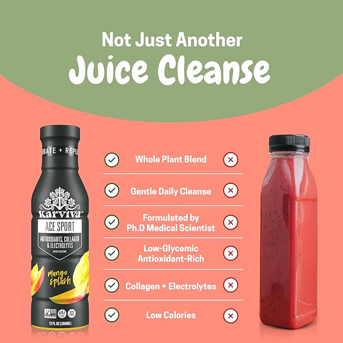 Karviva Organic Detox Juice Cleanse & Immunity Boost, Ancient Remedies for Gentle Detox & Restore Digestion, Prebiotics, Vitamin C, D & Marine Collagen, Low-Sugar, Gluten-Free, 1 to 3 Day Use, (6 BPA-Free Bottles, 12 oz Each)