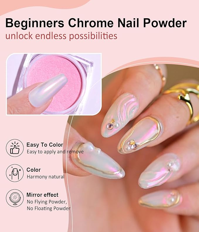 Chrome Nail Powder -【Fairy Effect】Pink Chrome Nail Powder Aurora Mermaid Iridescent Chrome Powder For Nails, Pink Chrome Powder Metallic Mirror Glitter Pigment Dust For Manicure Decoration