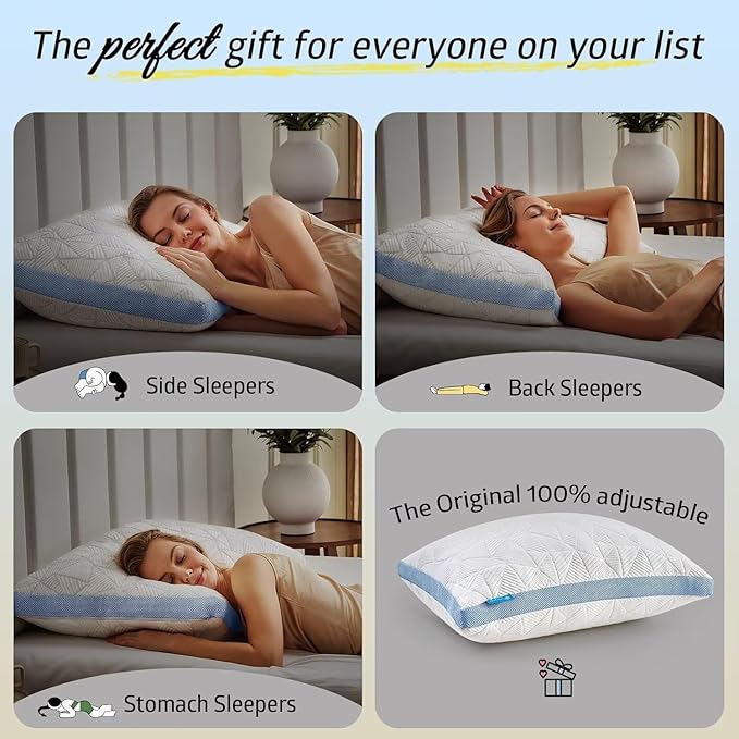 BETU Cooling Pillows Standard Size Set of 2, Shredded Memory Foam Cool Pillows for Hot Sleepers, Adjustable Firm Soft Support Bed Pillows Perfect for Back Neck Pain and Side Sleeping, Blue