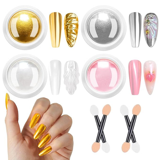 Gold Chrome Nail Powder 24K Mirror Effect BISHENGYF - Pink Gold Nail Chrome Powder Aurora Mermaid Mirror Effect POwder, White Pearl Iridescent Holographic Metallic Pigment Dust for NAil Art Decoration