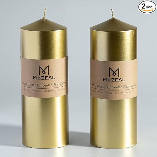 MOZEAL 3" x 8" Hand-Poured Unscented Candles,Large Gold Pillar Candles Set of 2,No Drip,Approx 120 Hours Long Burning,Wedding,Dinner,Christmas and Home Decor（3 Inch Diameter 8 Inch Height）