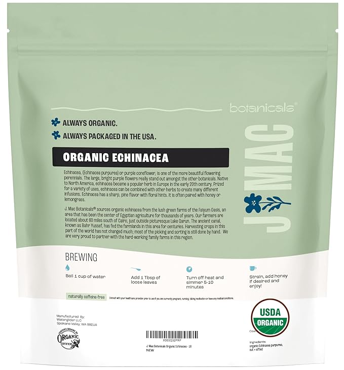 J Mac Botanicals, Organic Echinacea Herb & Sifted, Echinacea Purpurea, Organic Purple Cornflower tea
