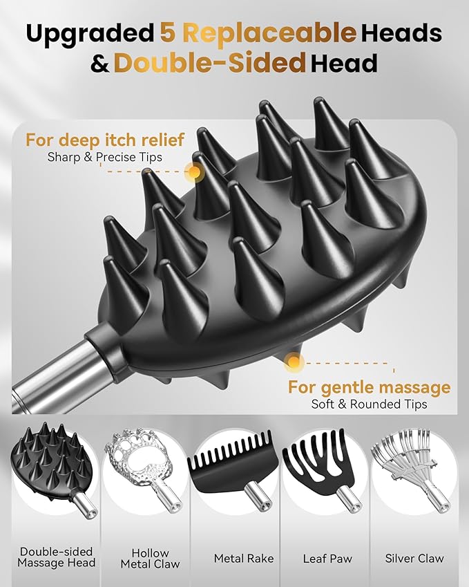 Upgraded Reinforced Telescoping Back Scratcher with 5 Detachable Heads, Larger Scratching Tips, Stocking Stuffer & White Elephant Gifts for for Men Women Adults