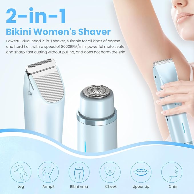 Bikini Trimmer for Women-2 in 1 Dual Head Electric Razors,IPX7 Waterproof Bikini Electric Shaver,Dry & Wet Use Painless Bikini Shaver,Pubic Hair Trimmer for Private Area & Body Hair,Blue
