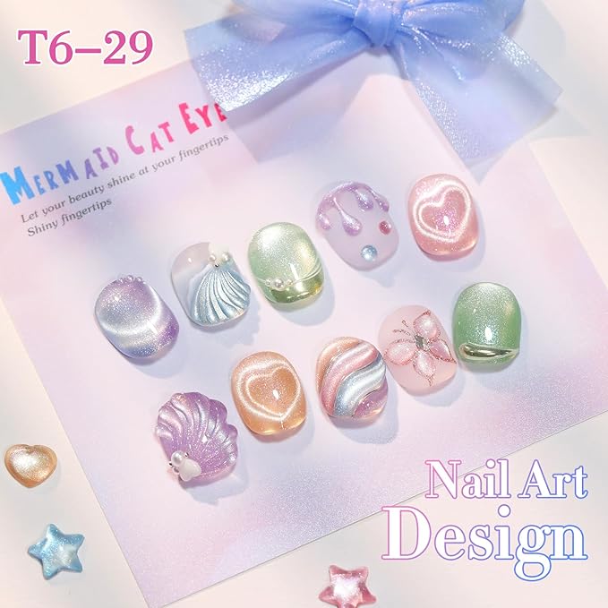 Double Rhythm Cat Eye Gel Nail Polish Set of 6 Same Color Same Bottle 0.5 Oz Shimmer Glitter with Magnet Holographic Reflective Magnetic UV Nail Polish Kit at Home (Nude Pink Green Purple-T6-29)