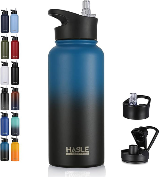 HASLE OUTFITTERS 32 oz Insulated Water Bottle Stainless Steel Double Walled Vacuum Sports Water Bottle with 2 Lids (Straw and Spout Lid) for Gym Camping Hiking(Blue Black Gradient,1)