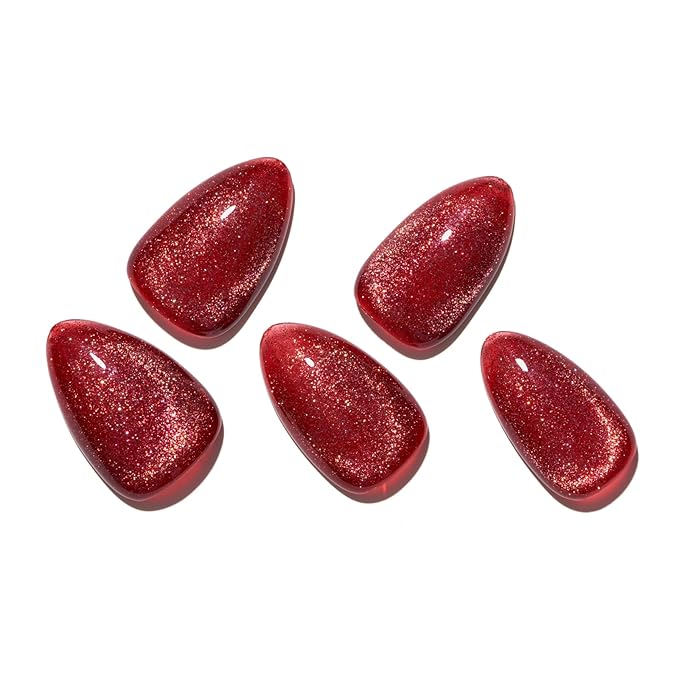 GLAMERMAID Bright Red Magnet Cat Eyes Press on Nails Short Almond, Amber Scarlet Handmade Gel Fake Nail Kit, Ombre Glitter Magnetic Glue on Nail Stiletto, Medium Oval Stick on False Nail Set for Women