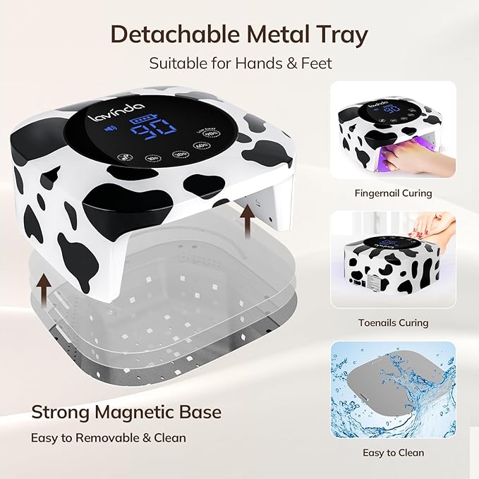 Lavinda LED Nail Lamp UV Light for Gel Nails Cordless Rechargeable UV Lamps Nail Light with 4 Timer, 2X Faster Professional Gel Polish Curing Nail Dryer for Salon Use-Cow Print