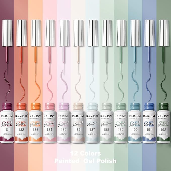 RARJSM Nail Art Gel Liner 12 Colors Collection Sage Green Dusty Pink Navy Blue Orange Painted Gel Nail Polish Set 5ml UV LED Cured Nail Design Thin Striper Brush for Home Salon Mani Diy Summer