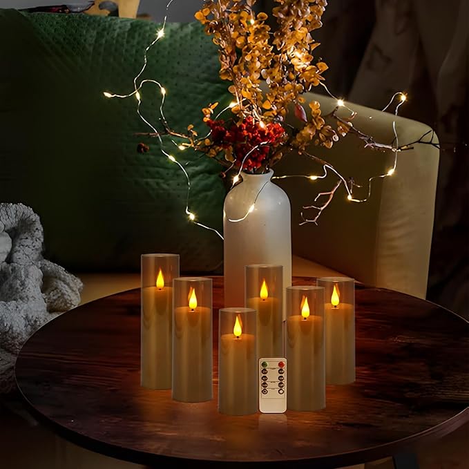 Halloween Decoration Flickering Flameless Candles Battery Operated Timer Led Pillar Candles with Realistic Moving Wick Candles for Home Decor 24 Pack (D2.2 xH 5" 6" 7")(Grey)