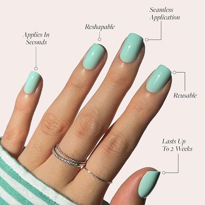 Glamnetic Press On Nails - Soft Teal | Short Squoval Light Blue Fake Nails with Glossy Finish, Salon Quality | 15 Sizes - 30 Nail Kit with Glue