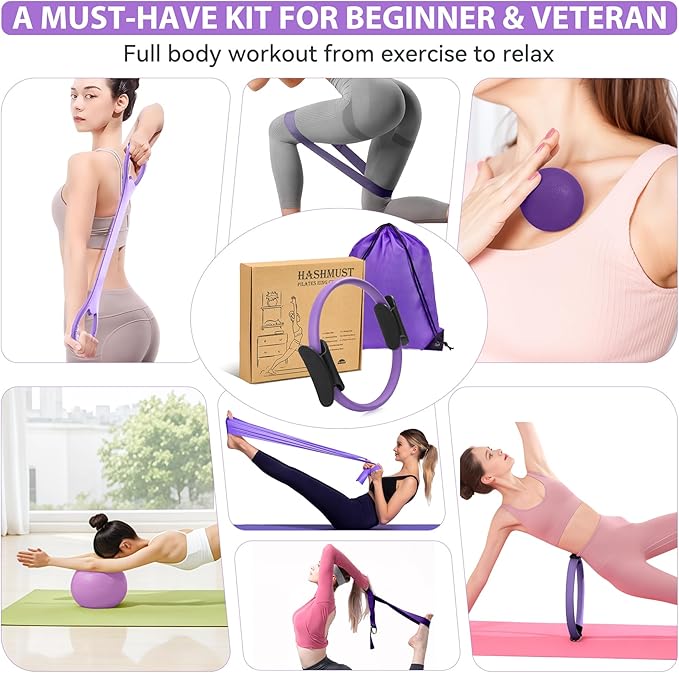 HASHMUST Pilates Ring Kit 12 PCS for Women, Home Workout Equipment with Magic Circle, Mini Exercise Ball, Resistance Bands, Massage Lacrosse, Yoga Strap, Full-Body Fitness Set for Toning & Gift