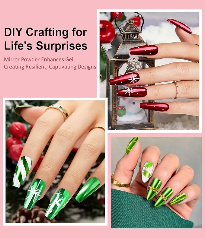 Chrome Nail Powder Set 6 PCS - Metallic Mirror Glitter Nail Art Decoration Powder,Professional Red Green Gold Blue Chrome Pigment for DIY Manicure,Salon Use