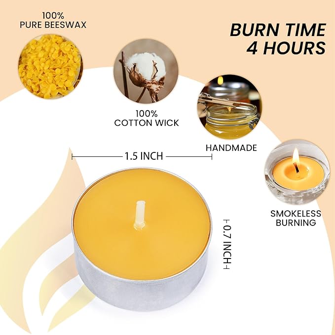 36-Pack Pure Beeswax Tealight Candles in Aluminum Cups - 4-5 Hour Burn Time, Lead-Free Cotton Wick, Natural Unscented Candles