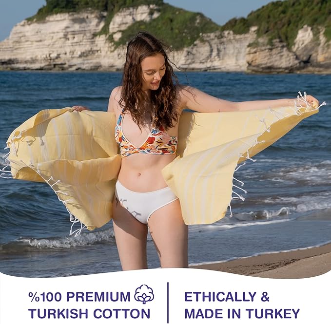 Turkish Beach Towels, Pack of 4 | Oversized, Quick Dry, Sand Free | 100% Cotton, Large 38x71 Towels for Beach, Pool, Travel | Ultra-Soft, Compact, and Absorbent | Yellow