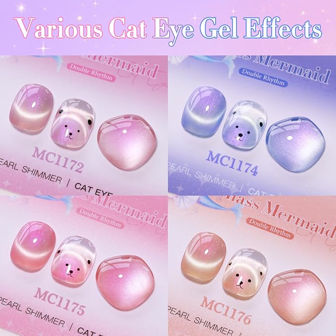 Double Rhythm 6 Colors Cat Eye Gel Polish Set Shimmer Glitter with Magnet Holographic Reflective Magnetic UV Nail Art Kit (6-Kit-50)