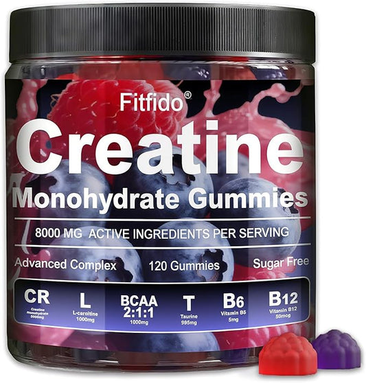 Creatine Monohydrate Gummies Complex 8000mg for Men and Women, Containing L-carnitine & Taurine, Build Muscle, Boost Energy, Faster Recovery, Sugar Free & Vegan, Raspberry & Blackberry, 120 Count