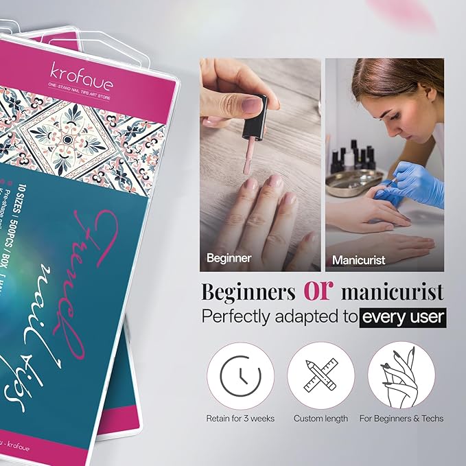 krofaue Nail Tips Lady French Style Acrylic Artificial Half Cover False Nail Tips with Box Ideal for Salons and Home DIY Manicure,10 Sizes,1000PCS (Natural and Clear)