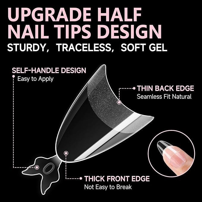 UNA GELLA Almond Nail Tips, 312PCS Half Cover Almond Shape Nail Tips Soft Gel Tips 12 Sizes Pre-shape Acrylic Clear False Nails with Handles for Press on Nails Extension DIY Home Salon
