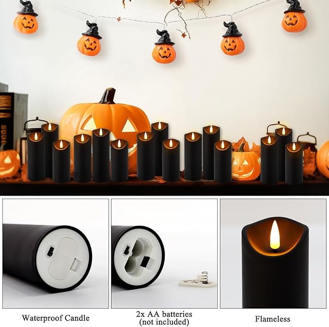 24 Pack Halloween Decoration Flickering Flameless Candles, Battery Operated LED Pillar Candles with Remote Control and Timer.for Home Decor (D2.2 xH 5" 6" 7" Black)