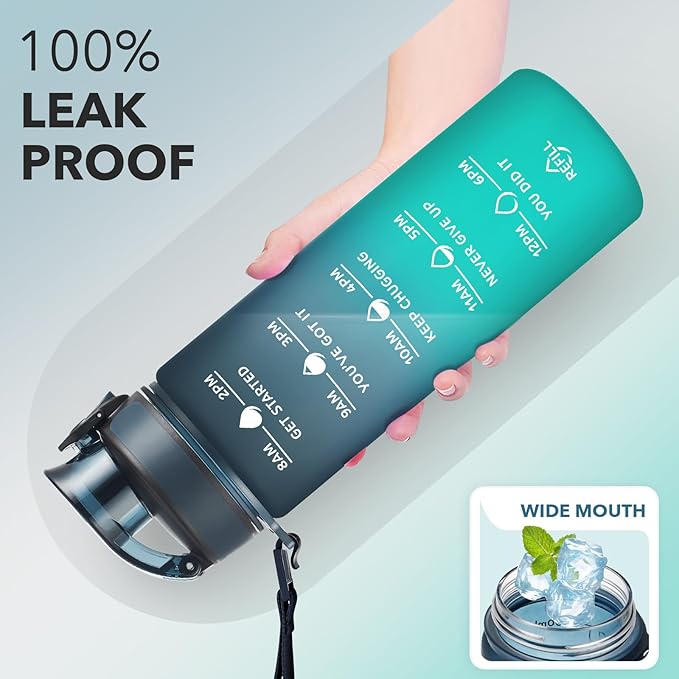 Enerbone Water Bottle, Leakproof BPA & Toxic Free, Motivational Water Bottle with Times to Drink and Straw, Fitness Sports Water Bottle with Strap for Office, Gym, Outdoor Sports
