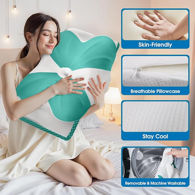 CloudBliss Cervical Memory Foam Pillow for Neck and Shoulder, Contour Neck Support Pillow with Cooling Case, Ergonomic Bed Pillow, Support for Side Back Stomach Sleepers (Green, King Size)