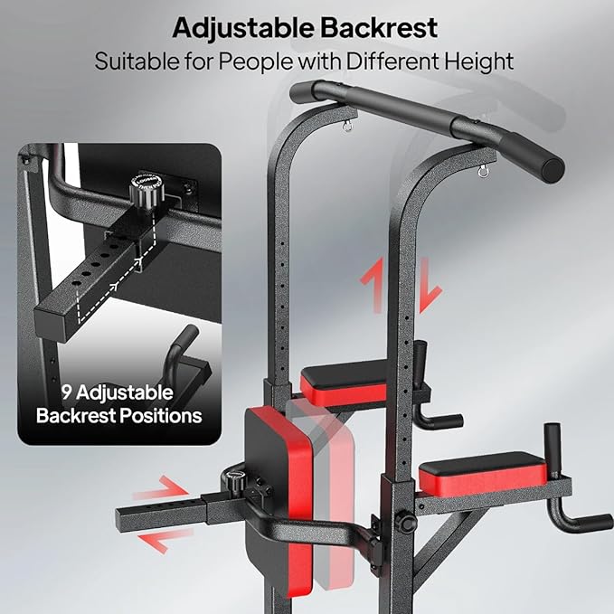 Pooboo Power Tower Dip Station Pull Up Bar for Fitness Home Gym Workout,Multi-Function Adjustable Height Fitness Strength Training Exercise Equipment,with Power Elastic Ropes