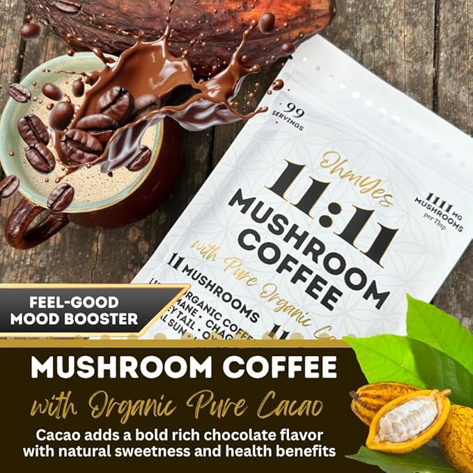 Ohmyes 11 Mushroom Coffee with Cacao – 11 USA Grown Adaptogenic Mushrooms for Focus, Clarity & Energy – Lion’s Mane, Reishi, Chaga + Nootropic Organic Superfood by OhmYes (7oz) - 99 Servings